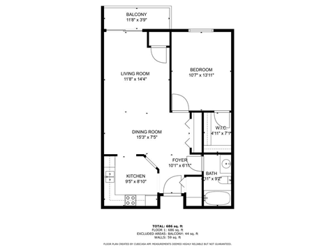 Floor plan for 1 bed, 1 bath, 700 sqft